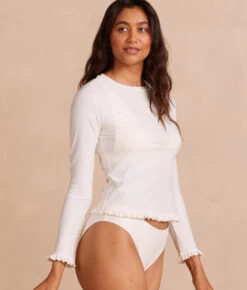 The Waterside Ruffle Rash Guard - White Sand -Summersalt Shop WatersideRuffleRashGuardWhiteSandFront