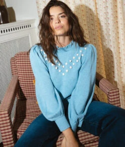 The Year-Round Balloon Sleeve Pompom Sweater - Glacier -Summersalt Shop Year Round Balloon Sleeve Pompom Sweater Glacier 4